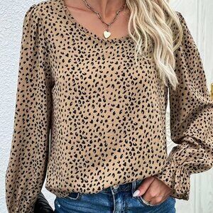 XL Leopard Print Crew Neck Blouse, Casual Long Sleeve Blouse